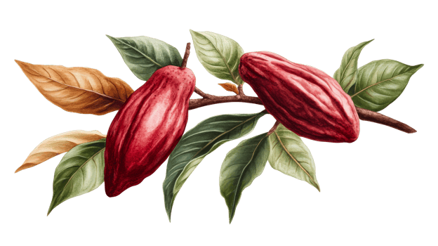 Cacao pods and leaves on a branch, illustration in detail, cut out transparent png