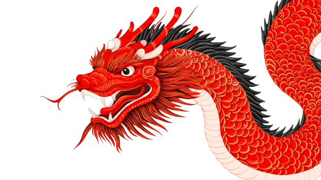 Red Chinese dragon with scales and black spines, cut out transparent png