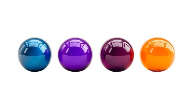 Glassy colorful orbs row against black background, cut out transparent png