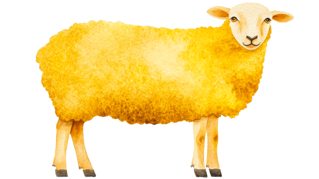 Yellow watercolor sheep portrait on black background, cut out transparent png