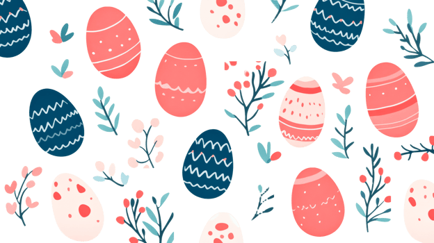 Easter eggs and leaves pattern on black background, cut out transparent png