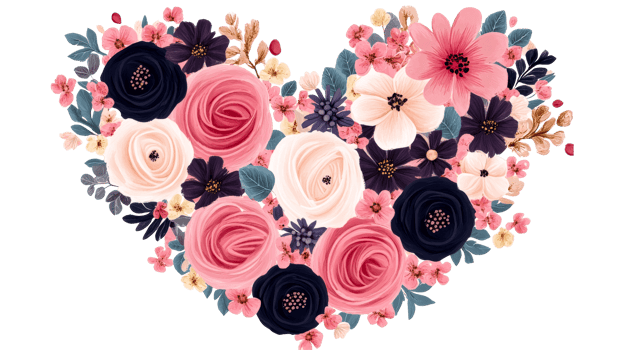 Floral heart of roses, blossom and petals in black background, cut out transparent png