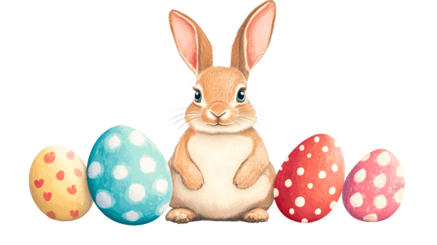 Easter bunny with painted eggs watercolor illustration, cut out transparent png