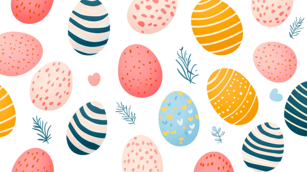 Easter Eggs Pattern with Blue Hearts and Twigs on Black Background, cut out transparent png