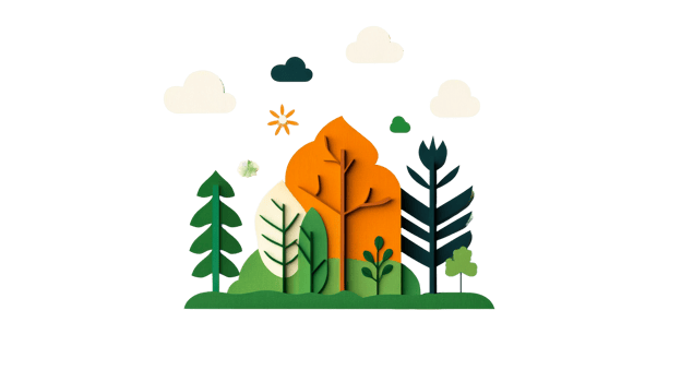 Paper cut forest landscape with trees, clouds, and sun, cut out transparent png