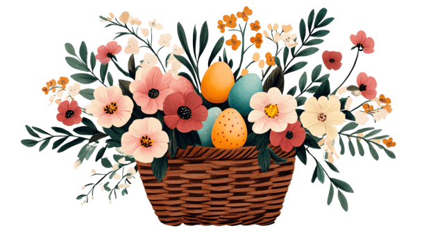 Easter basket illustration with flowers and eggs, cut out transparent png