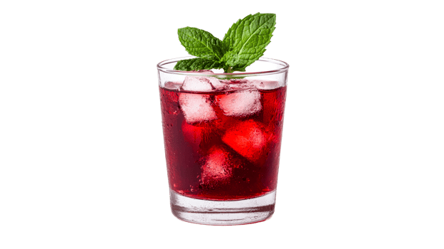 Refreshing red beverage with mint garnish, cut out transparent png