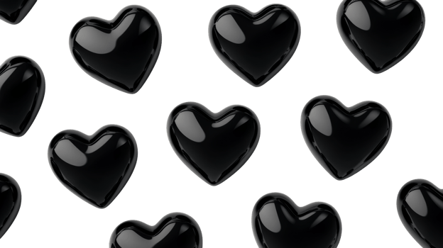 Black heart pattern, glossy, shiny 3D rendering with transparency , cut out transparent png