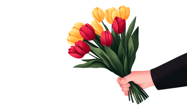 Bouquet of red and yellow tulips in hand, cut out transparent png