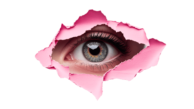 Eye with pink paper looking through, cut out transparent png