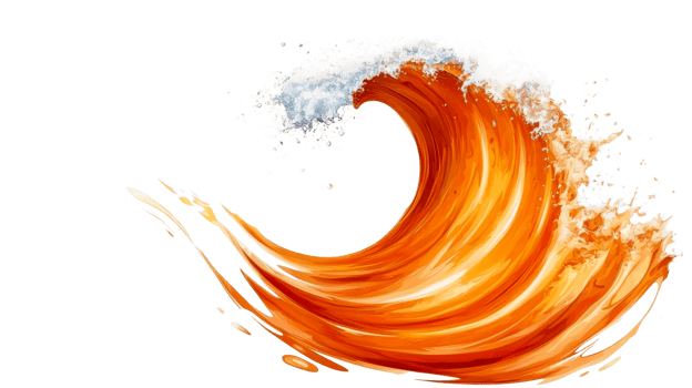 Orange liquid wave with white foam crest, cut out transparent png
