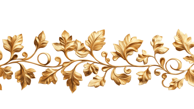Golden leaf pattern on a black background. Decorative element, cut out transparent png