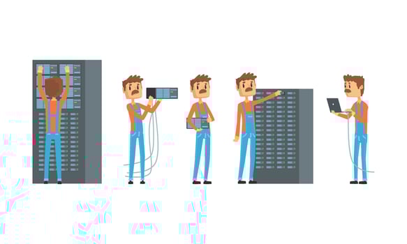 Network Engineer Working in Data Center Set, Computer Technician or System Administrator Involved in Maintenance of System Modules, Networking Service Illustration vector