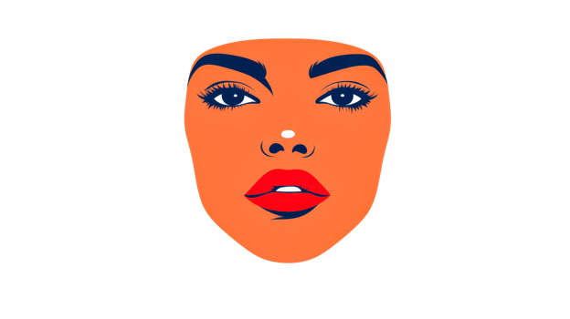 Woman face illustration with bright makeup, symmetrical features, cut out transparent png