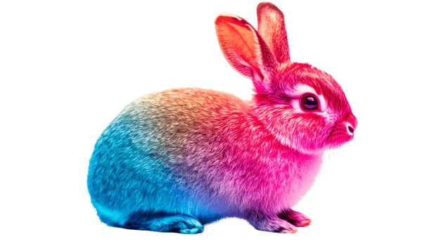 Rainbow bunny with vibrant fur colors, isolated sitting pose, cut out transparent png