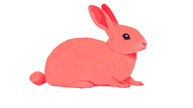 Sitting pink rabbit with soft fur looking right, cut out transparent png