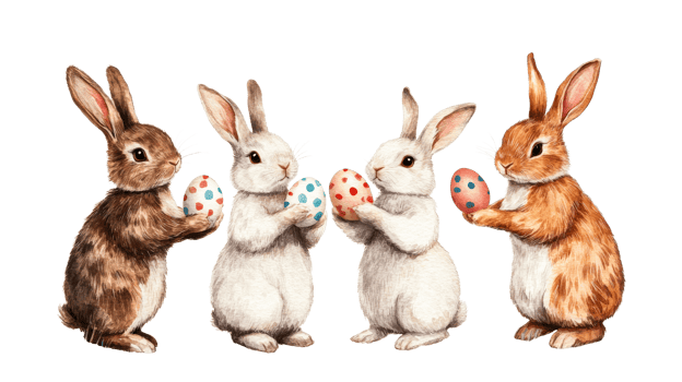 Watercolor illustration of cute Easter bunnies with eggs, cut out transparent png
