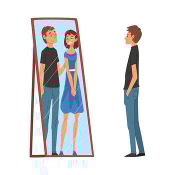 Lonely Guy Standing in Front of Mirror Looking at His Reflection and Imagine Himself With Young Woman, Man Seeing Himself Differently in Mirror Illustration vector
