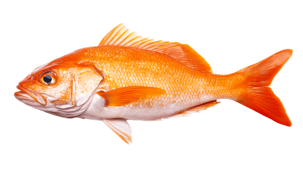Orange fish with scales, on black background, detailed anatomy, cut out transparent png
