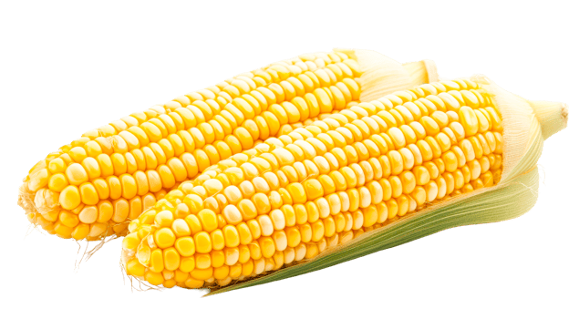 Two ripe ears of corn with husk isolated, cut out transparent png