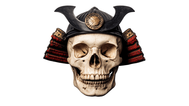 Samurai Skull with Helmet on Black Background, cut out transparent png