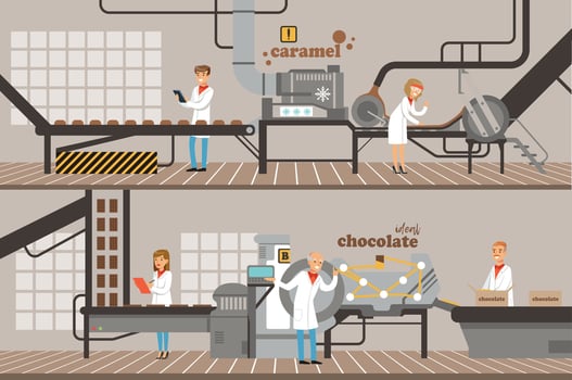 Chocolate and Caramel Factory Production Lines Set, Sweets Confectionery Industry Equipment Illustration vector