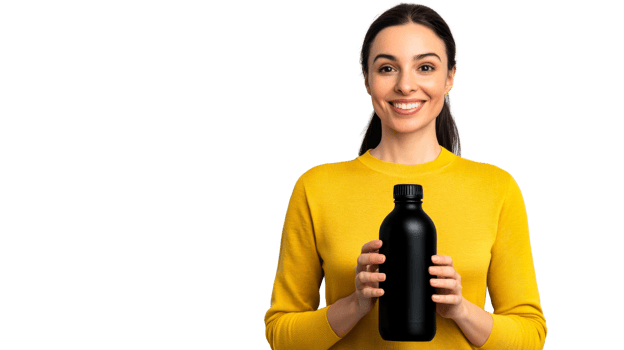 Woman presents bottle, smiles, studio shot, cut out transparent png