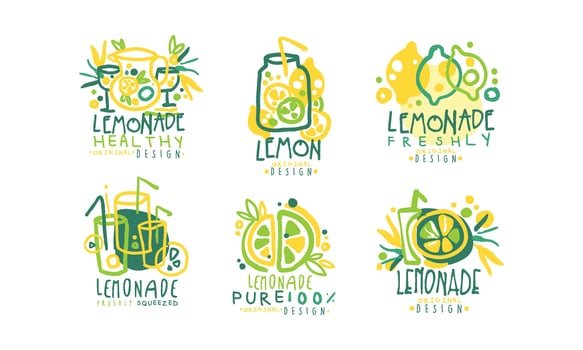 Healthy Lemonade Logo Templates Original Design, Pure Freshly Drink Hand Drawn Badges Illustration vector
