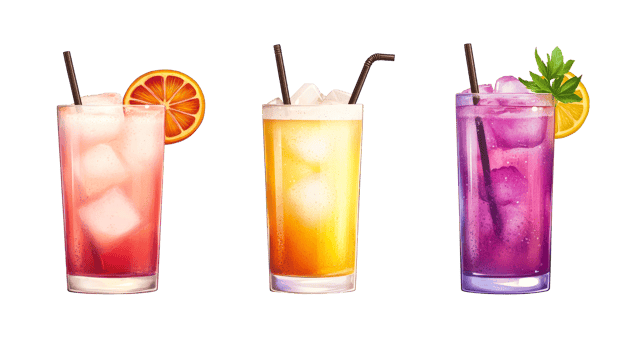 Refreshing colorful cocktail collection with ice, citrus garnish, cut out transparent png