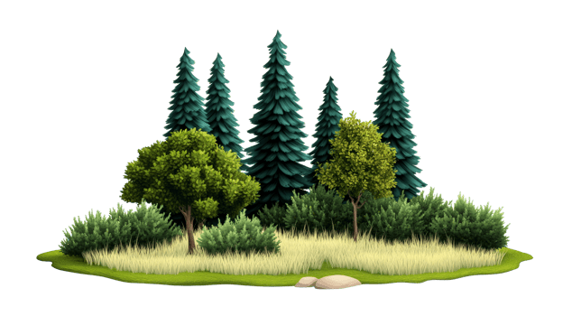 Forest landscape with fir trees and deciduous trees, cut out transparent png
