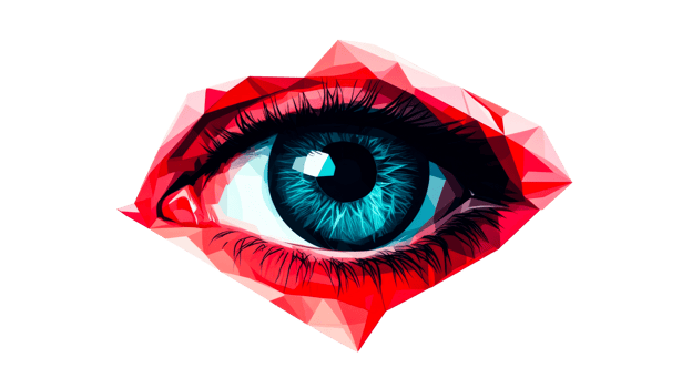 Low polygonal eye, iris blue color, crystal skin, red, look , cut out transparent png