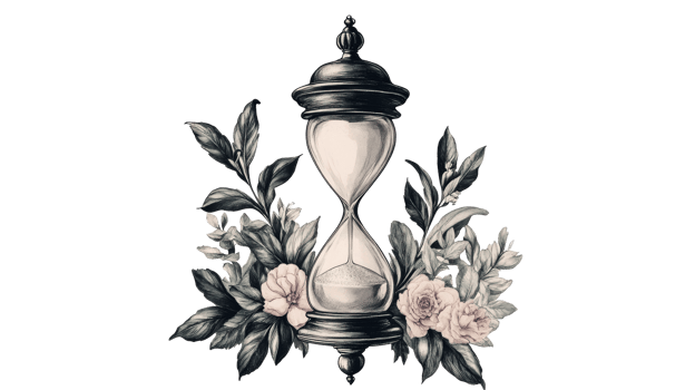 Hourglass surrounded by flowers drawing, vintage style illustration, cut out transparent png