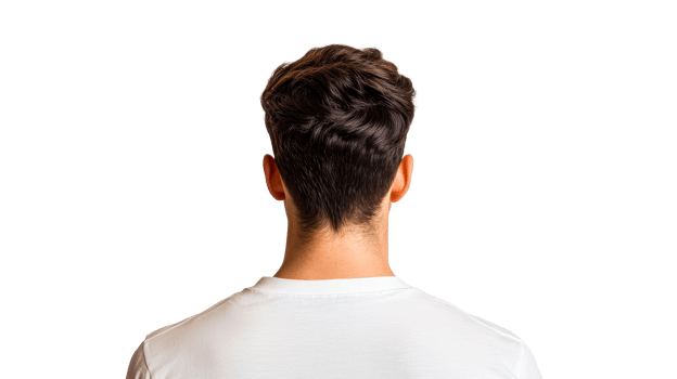 Back view of a man with stylish hair in white t-shirt, cut out transparent png