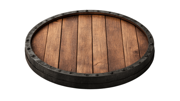 Wood barrel made of planks, metal hoops on black background, cut out transparent png
