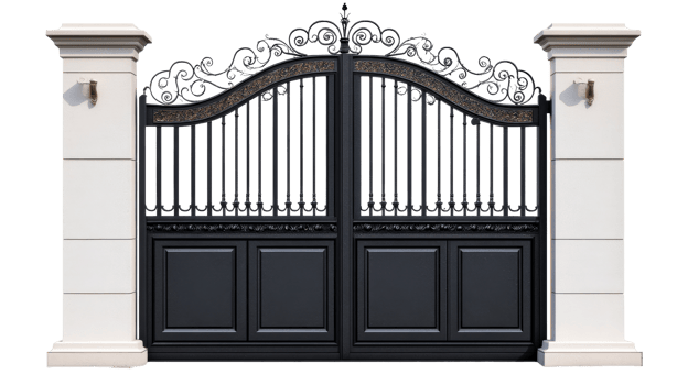 Ornate metal gate with white pillars, security architecture, isolated, cut out transparent png