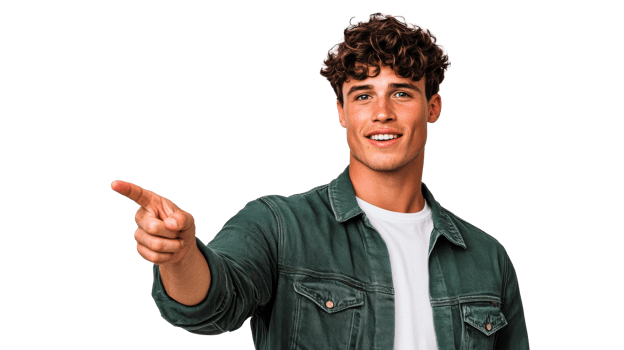 Young man points to the side, curly hair, black background, cut out transparent png