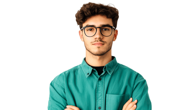 Young man with glasses and green shirt, arms crossed, cut out transparent png