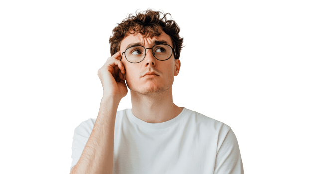 Thoughtful man pondering, wearing glasses, looking up, cut out transparent png
