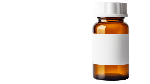 Amber bottle with white label on black backdrop, cut out transparent png