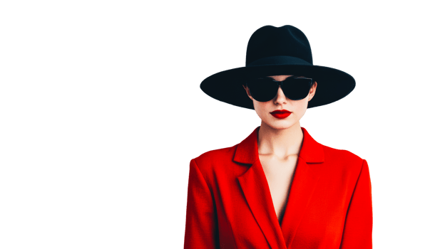 Elegant woman in red suit, hat and sunglasses, cut out transparent png