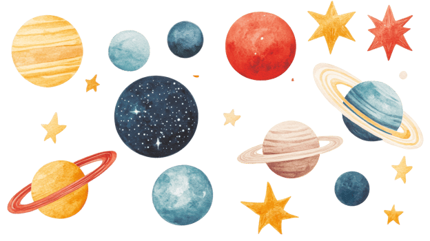 Watercolor planets and stars, celestial bodies arrangement, cut out transparent png