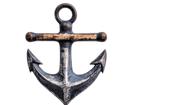 Distressed metallic anchor on a black background, cut out transparent png
