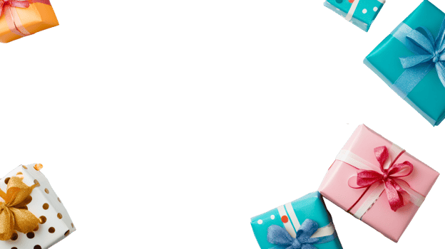 Gift boxes border, colorful presents on black background, cut out transparent png