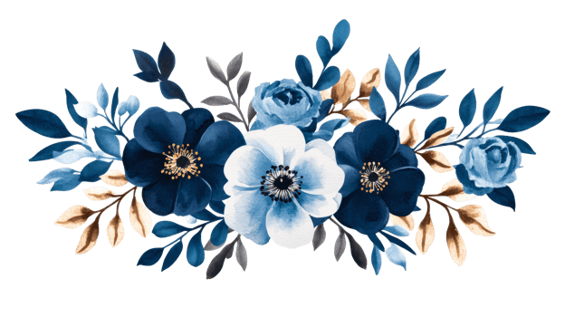 Luxurious floral arrangement with dark blue, white, gold leaves, cut out transparent png