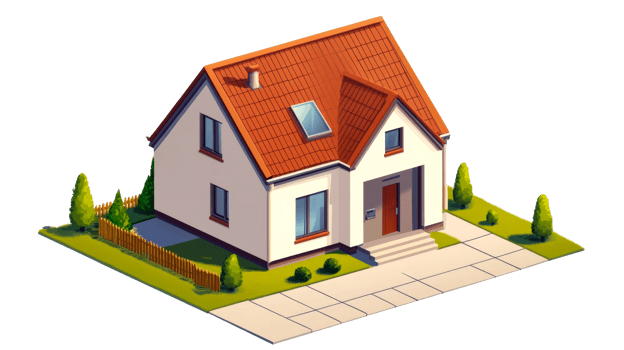 Isometric house with red roof, garden, and driveway, cut out transparent png