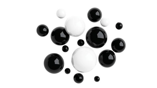 Glossy black and white spheres composition on black, cut out transparent png