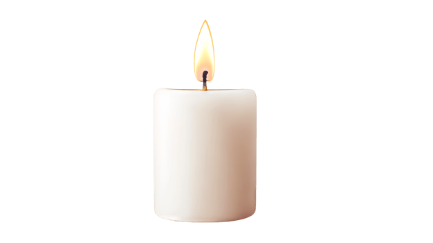 Burning white candle with bright flame on black background, cut out transparent png