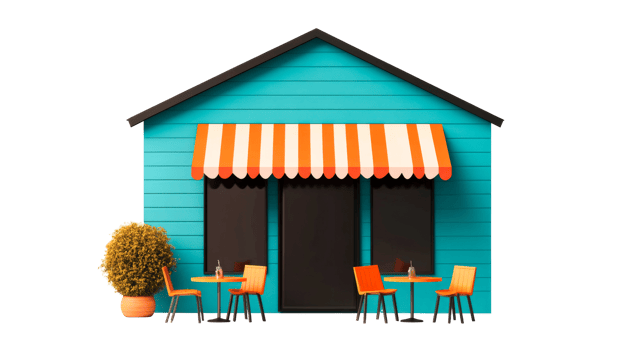 Turquoise building, shop with awning, outdoor cafe, isometric view, cut out transparent png