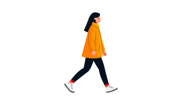 Woman walking in orange jacket and sneakers , cut out transparent png