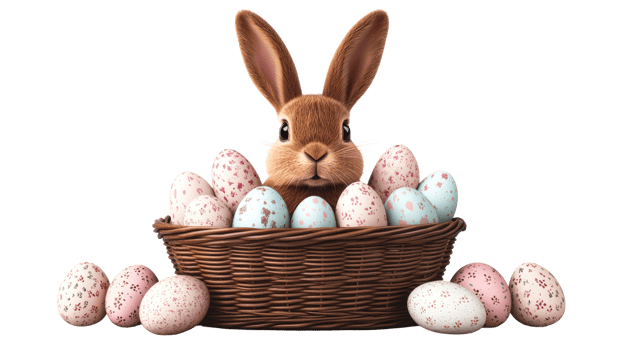 Easter bunny peeking from egg basket, colorful eggs scattered, cut out transparent png